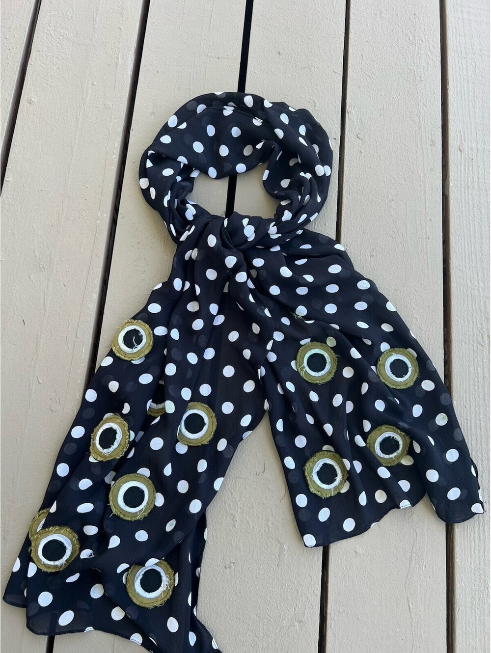 Zazou Polka Dot Scarf Black White Olive Green Circle Pattern 18” X70” read*